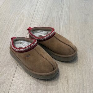 UGG Tan Suede Slippers with Red Accent